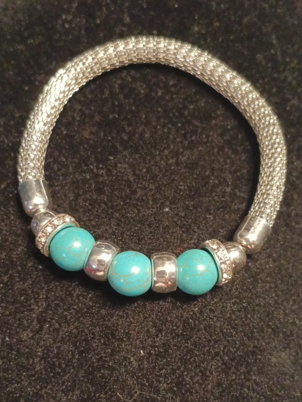 Turquoise Bead Silver-Tone Mesh Stretch Bracelet - Women's Jewelry